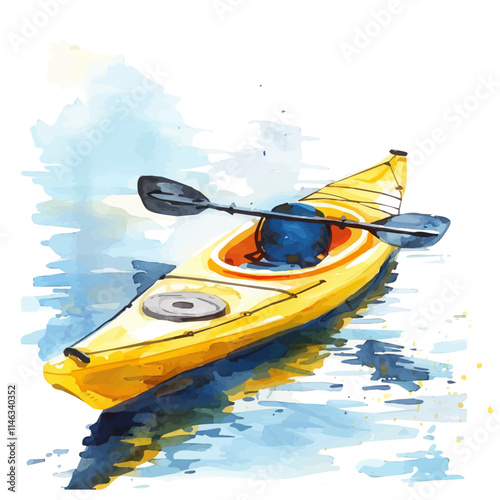 A watercolor painting of a bright yellow kayak on a calm river, isolated on a white background. Kayak river vector.
