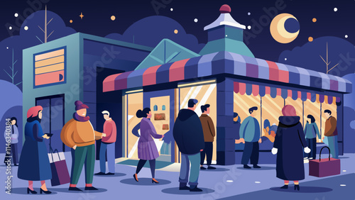 Diverse shoppers buying discount deals during midnight sales. Happy customers enjoying late-night shopping discounts, grabbing special offers in vibrant retail store atmosphere.
