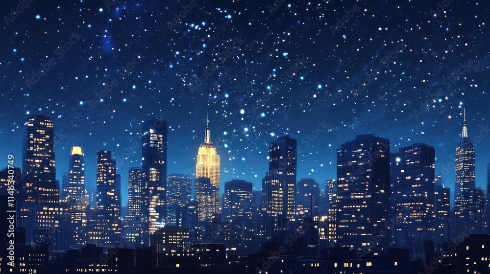 Fototapeta premium Serene Night Skyline of a Bustling City Illuminated by Stars with a Focus on Iconic Skyscrapers and a Glimmering Atmosphere of Urban Life