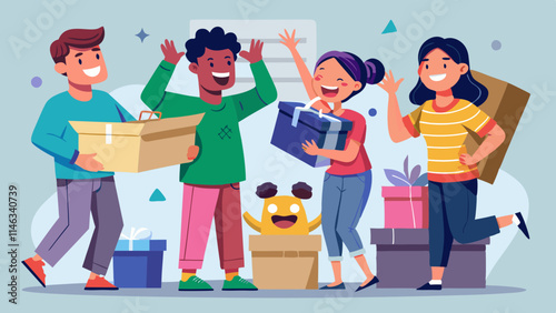 Happy people unpacking their shopping items with discounts and enjoying their new purchases.