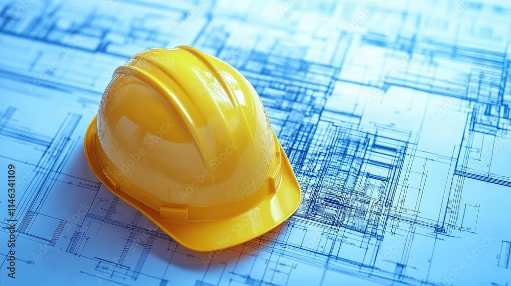 Yellow Safety Helmet Positioned on Top of Architectural Blueprints Illustrating Construction Plans and Designs, Symbolizing Engineering and Project Management Yellow Safety Helmet Positioned on Top of Architectural Blueprints Illustrating Construction Plans and Designs, Symbolizing Engineering and Project Management