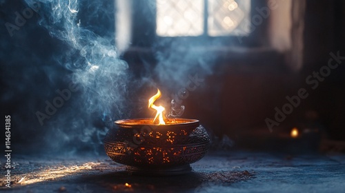 Burning incense in a decorated metal bowl creating a mystical atmosphere