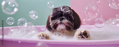 small Shih Tzu playfully pawing at bubbles in pastel pink tub, surrounded by foam and colorful background, creating cheerful and whimsical atmosphere