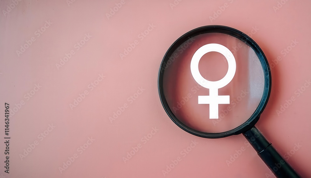 Female Gender Symbol Magnified. Exploring Feminism, Gender Identity, and Equality Concepts Through a Bold Visual Representation on a Soft Pink Background with a Magnifying Glass for Focused Analysis Female Gender Symbol Magnified. Exploring Feminism, Gender Identity, and Equality Concepts Through a Bold Visual Representation on a Soft Pink Background with a Magnifying Glass for Focused Analysis