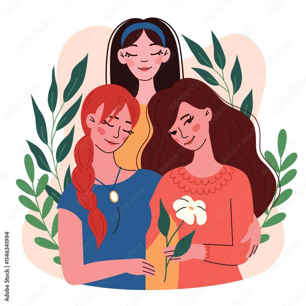 Women friendship and support, love.Different women, sisters, hugs.Flat vector illustration Women friendship and support, love.Different women, sisters, hugs.Flat vector illustration