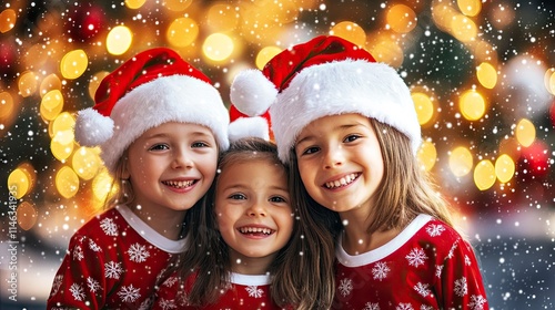 Three smiling girls in festive attire with Santa hats against a blurred holiday background.