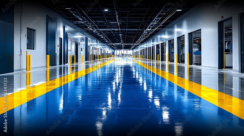 Modern Industrial Corridor: Blue and Yellow Epoxy Floor in a Clean Tech Facility