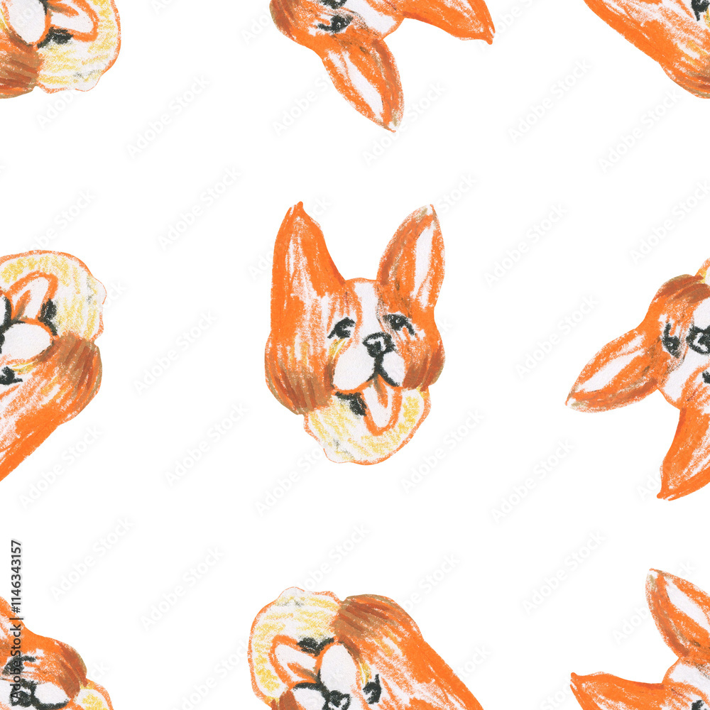 Fototapeta premium Orange corgi wax crayons seamless pattern on white isolated background. Textural and animalistic repeating pattern. Design for textiles, wrapping paper and wallpaper.