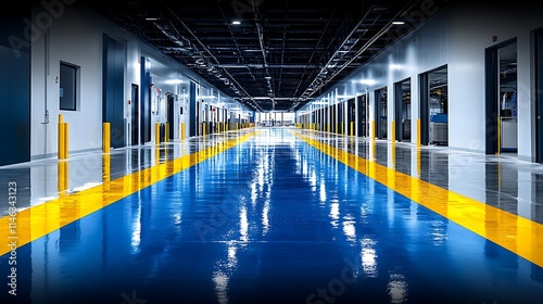 Obraz na płótnie Modern Industrial Corridor: Blue and Yellow Epoxy Floor in a Clean Tech Facility w salonie