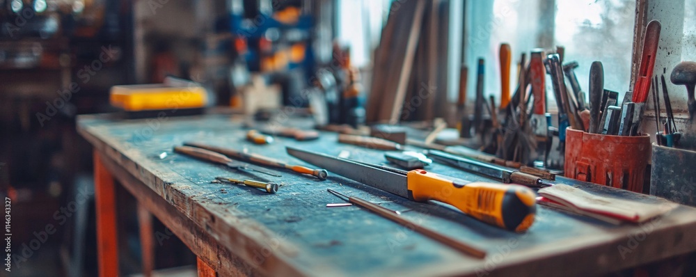 Carpenter tools laying on table in workshop Carpenter tools laying on table in workshop