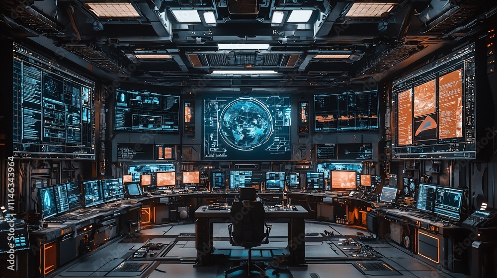 Fototapeta premium Futuristic control room with monitors displaying global data.