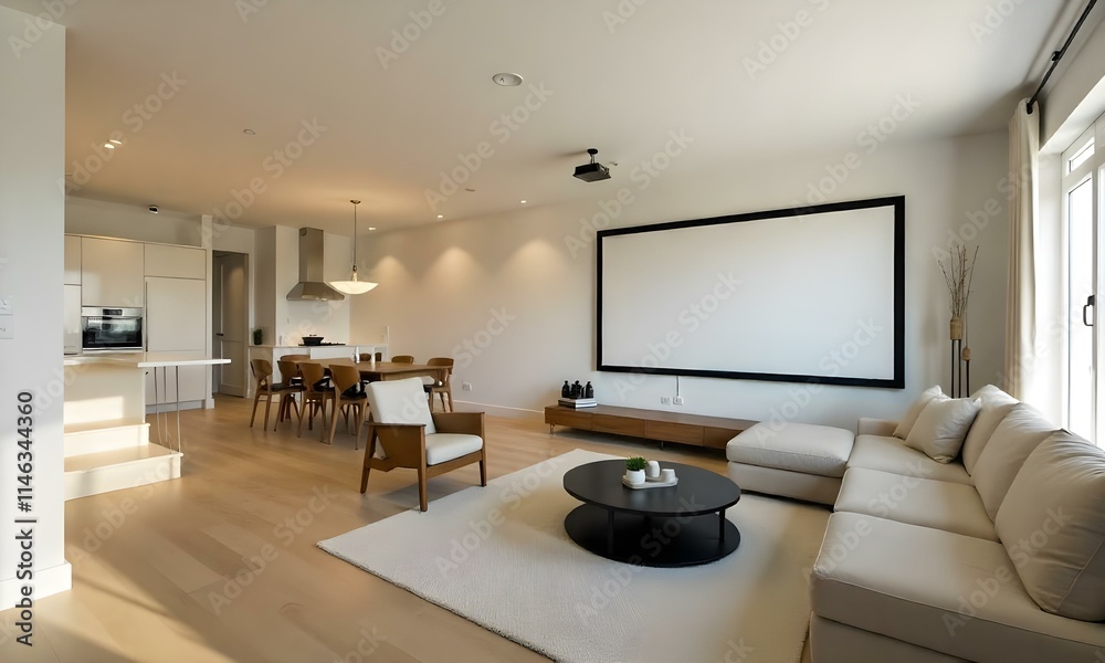 A modern and minimalist living room with a large black projection screen, a low coffee table with a round black base