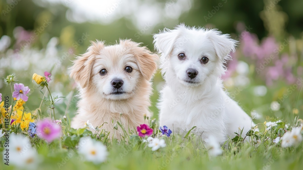 Two adorable fluffy puppies sitting in a vibrant flower meadow. Two adorable fluffy puppies sitting in a vibrant flower meadow.