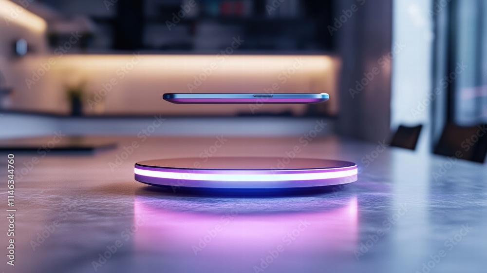 Futuristic wireless charging pad with glowing ring and hovering device Futuristic wireless charging pad with glowing ring and hovering device