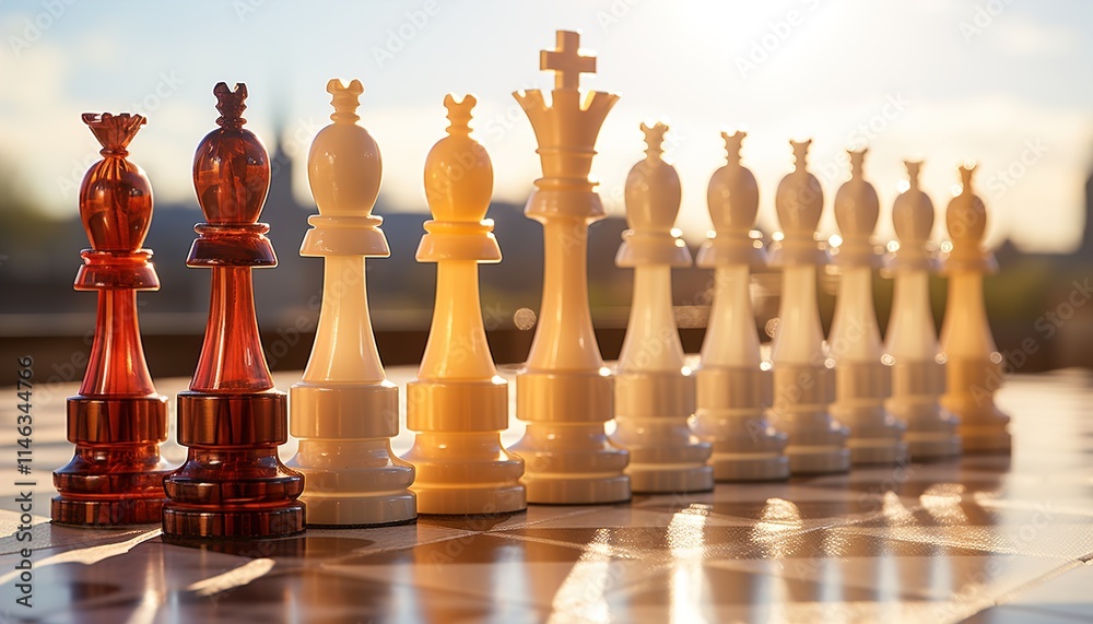 Fototapeta premium Chess in the Sun: Premium Chess Set on a Chessboard in a Sunny Day 