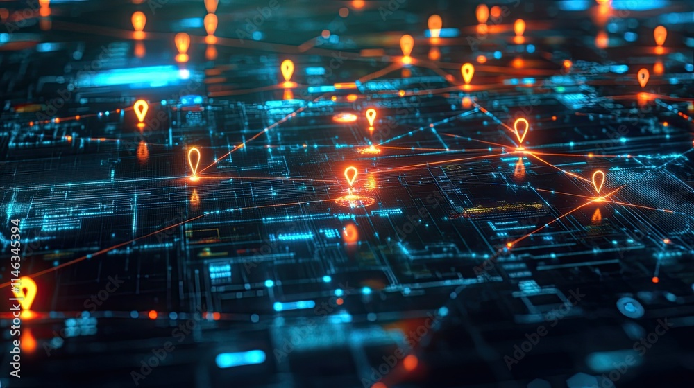 Futuristic Digital Network with Orange Location Pins Connected by Bright Lines, Representing Data Flow and Connectivity in a Technological Landscape
