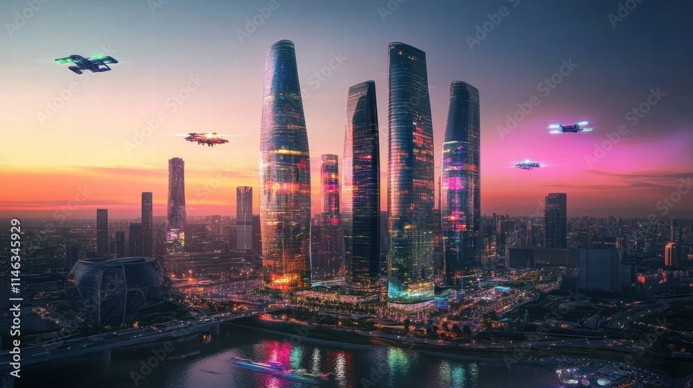 futuristic cityscape at sunset with flying drones