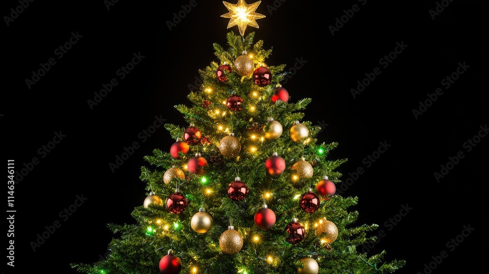 A decorated Christmas tree with lights and ornaments, symbolizing holiday celebration. A decorated Christmas tree with lights and ornaments, symbolizing holiday celebration.