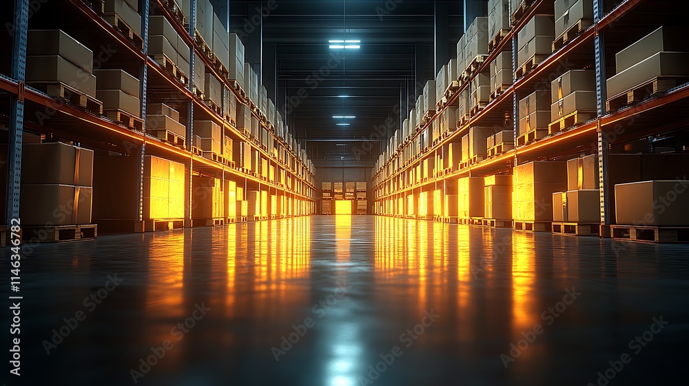 Fototapeta premium Warehouse Interior: An expansive industrial warehouse, illuminated by warm, glowing lights, showcases rows of towering shelves laden with cardboard boxes.