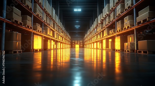 Warehouse Interior: An expansive industrial warehouse, illuminated by warm, glowing lights, showcases rows of towering shelves laden with cardboard boxes.