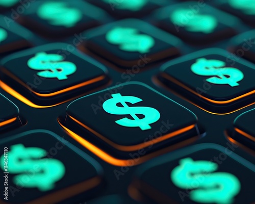 A close-up of a keyboard featuring glowing dollar sign keys, symbolizing financial technology and modern finance.