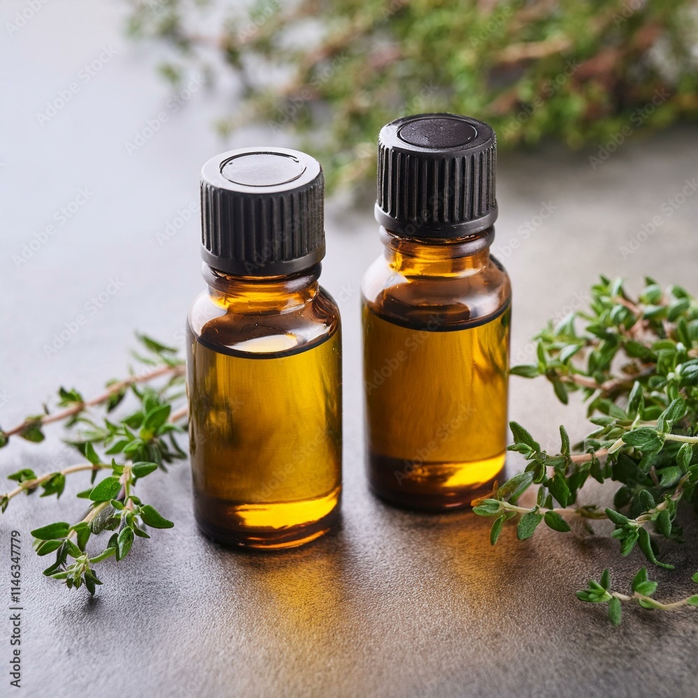 Aromatherapy Duo: Two Essential Oil Bottles and Thyme Leaves Aromatherapy Duo: Two Essential Oil Bottles and Thyme Leaves