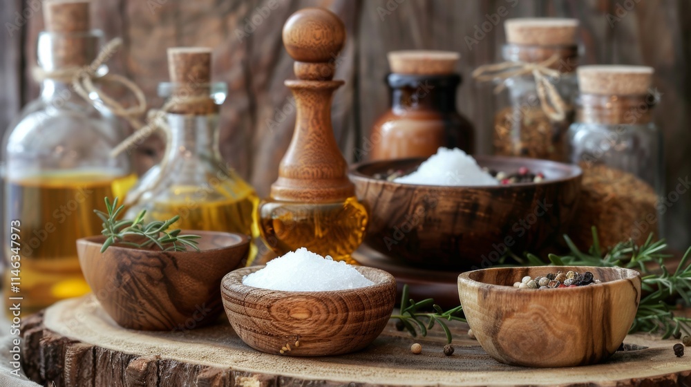 Assorted spices, oils, and wooden utensils on a kitchen table Assorted spices, oils, and wooden utensils on a kitchen table