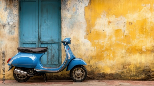 a Vespa scooter parked beside a weathered shop wall. photo