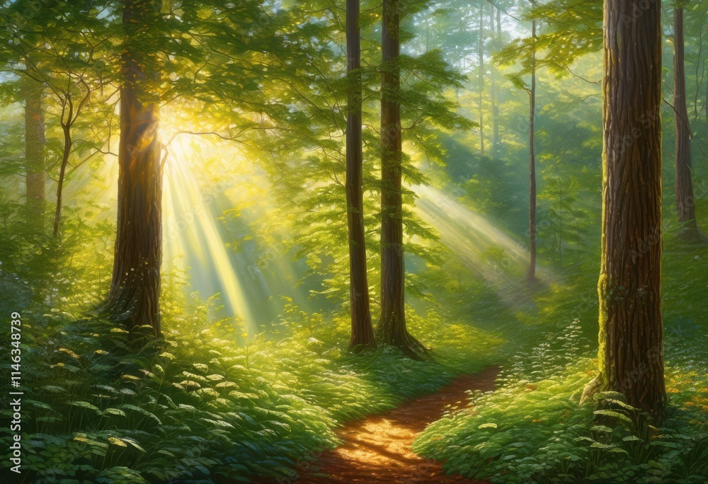 Obraz premium radiant sunlight streaming through majestic forest canopy lush green wooded setting ideal nature lovers outdoor adventures, atmosphere, beams, biodiversity