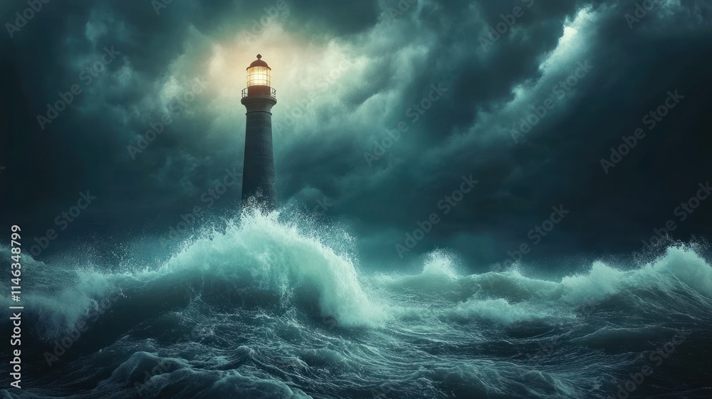 A lighthouse stands tall amidst turbulent waves and stormy skies, guiding ships safely. A lighthouse stands tall amidst turbulent waves and stormy skies, guiding ships safely.