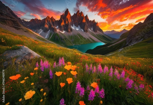 breathtaking mountain landscape sunrise vibrant dramatic skies lush horizons, dawn, clouds, light, nature, peaks, scenery, fields, flora, silhouette