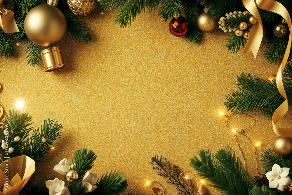 Festive Christmas background with gold ornaments, pine branches, and twinkling lights creating warm holiday atmosphere. Perfect for seasonal celebrations and joyful gatherings Festive Christmas background with gold ornaments, pine branches, and twinkling lights creating warm holiday atmosphere. Perfect for seasonal celebrations and joyful gatherings