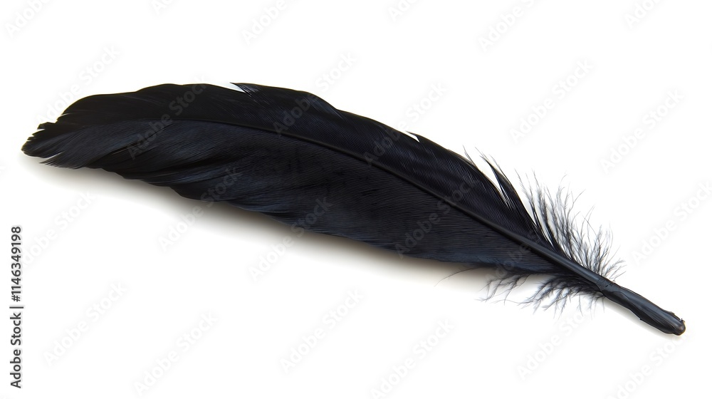 A single black feather lies on a white background.
A single black feather lies on a white background.