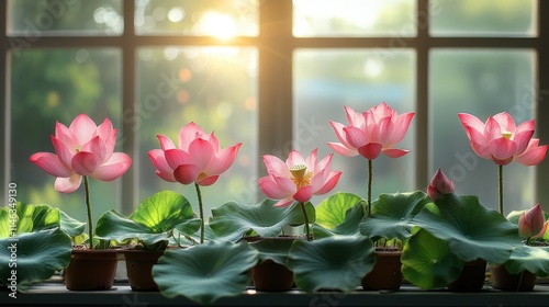 Vivid pink lotus flowers blooming gracefully in window pots photo