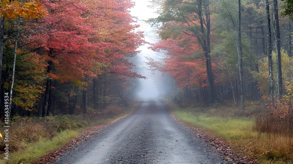 Obraz premium Road leading into a foggy forest with morning light streaming through the trees