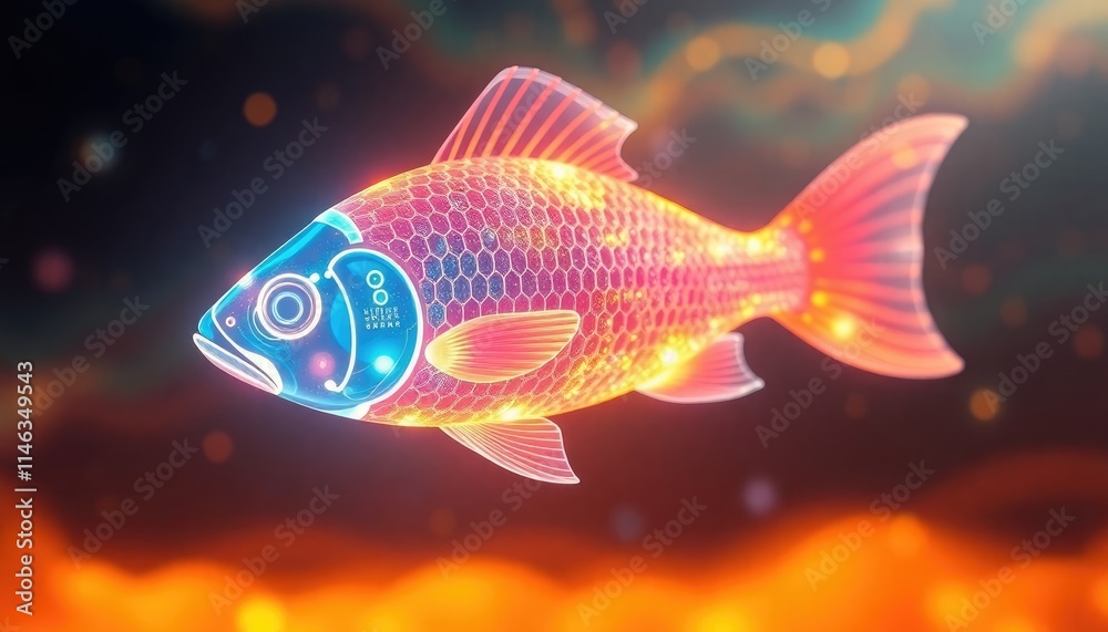 Fototapeta premium 4K HD Wallpapers Holographic Glowing Fish With Digital Scales, Swimming Through An Abstract Ocean. Desktop Wallpaper HD. HD Backgrounds