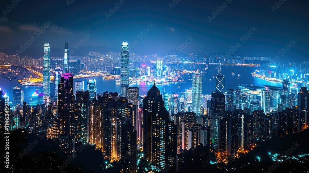 Breathtaking Night View of Hong Kong's Skyline Illuminated with Vibrant Lights and Stunning Architecture Overlooking the City and Harbor's Scenic Beauty Breathtaking Night View of Hong Kong's Skyline Illuminated with Vibrant Lights and Stunning Architecture Overlooking the City and Harbor's Scenic Beauty