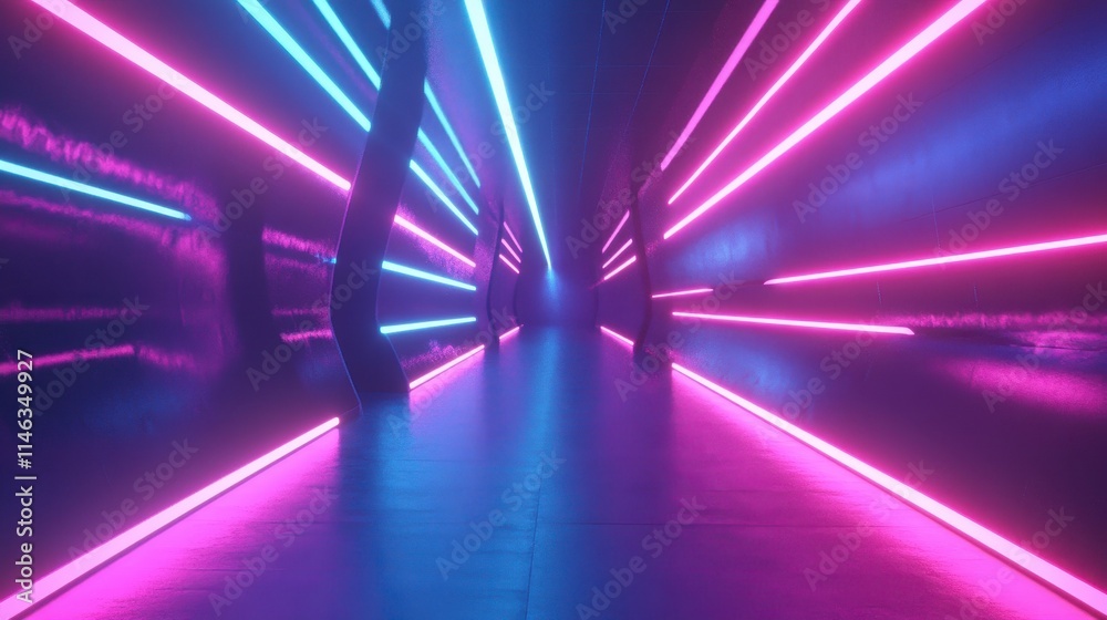A vibrant corridor illuminated by pink and blue neon lights creates a modern and futuristic atmosphere. The sleek, reflective floor enhances the dramatic effect of the colors in this space. A vibrant corridor illuminated by pink and blue neon lights creates a modern and futuristic atmosphere. The sleek, reflective floor enhances the dramatic effect of the colors in this space.