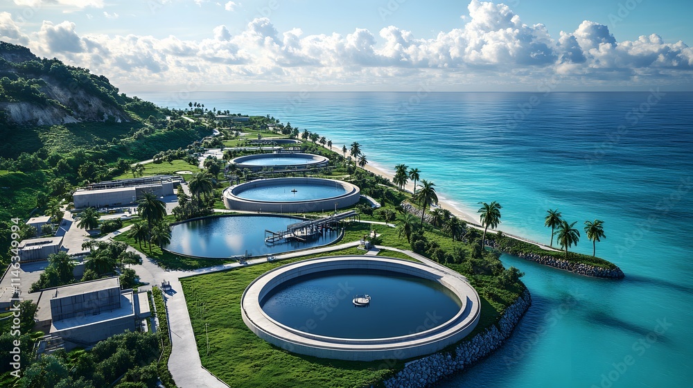 An aerial view of a modern water treatment facility showcases circular purification tanks, coastal industrial architecture, tropical palm trees, and turquoise ocean, all under a sunny, cloud-dotted sk An aerial view of a modern water treatment facility showcases circular purification tanks, coastal industrial architecture, tropical palm trees, and turquoise ocean, all under a sunny, cloud-dotted sk