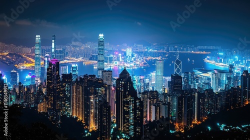 Breathtaking Night View of Hong Kong's Skyline Illuminated with Vibrant Lights and Stunning Architecture Overlooking the City and Harbor's Scenic Beauty