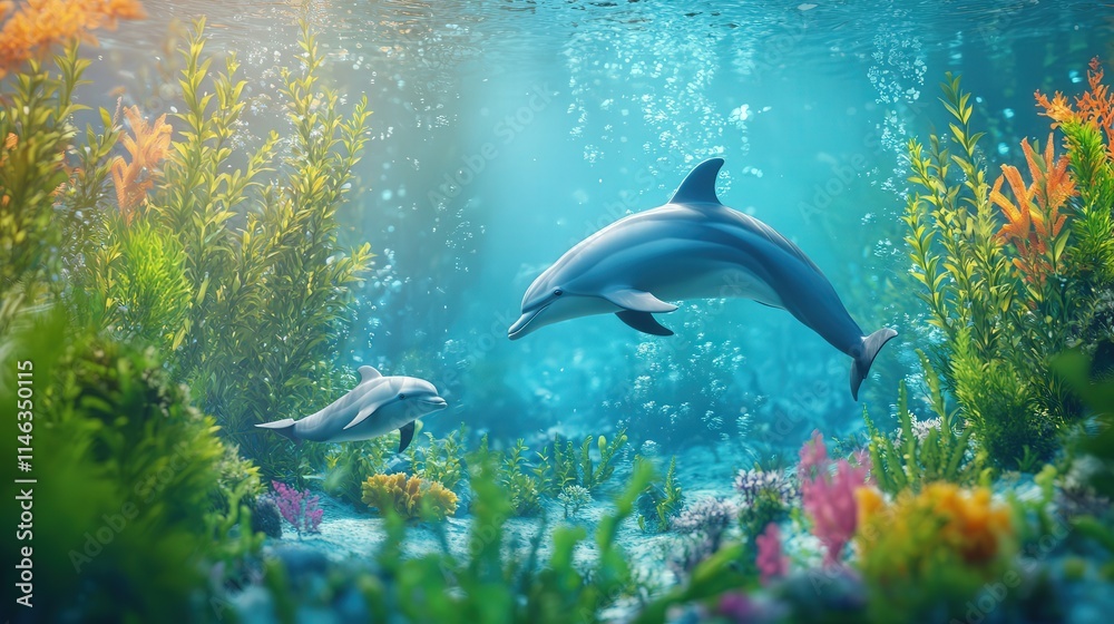 Obraz premium a mother dolphin leading her calf through an enchanting marine forest of seaweed and coral