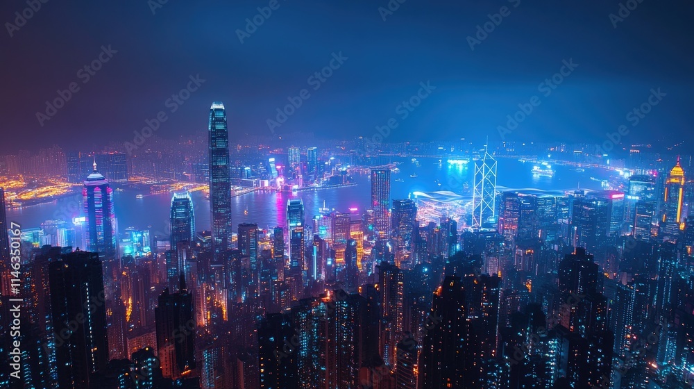 Fototapeta premium Stunning Aerial Night View of a Vibrant City Skyline Illuminated by Colorful Lights and Reflections Over Water in a Bustling Metropolitan Area