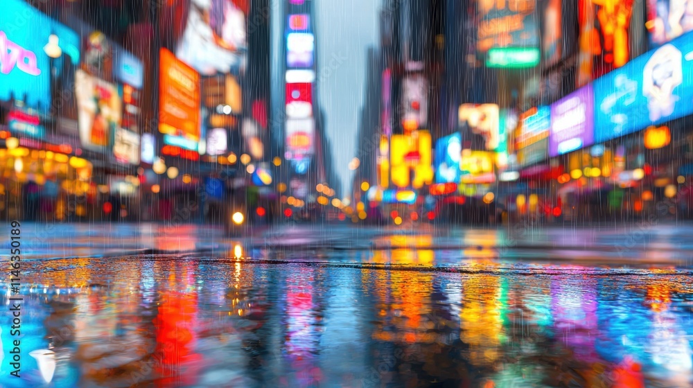 Naklejka premium Rainy city street with neon reflection and blurred background