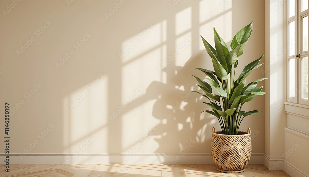 Fototapeta premium Elegant beige wall with a large snake plant in a woven basket planter, adding a cozy touch for background wall design