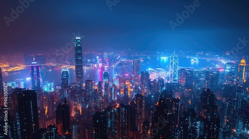 Wallpaper Mural Stunning Aerial Night View of a Vibrant City Skyline Illuminated by Colorful Lights and Reflections Over Water in a Bustling Metropolitan Area Torontodigital.ca