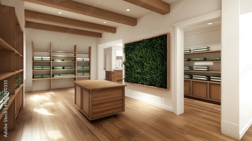 Fototapeta premium A modern interior featuring wooden shelves, a central island, and a green living wall, creating a clean and inviting atmosphere.