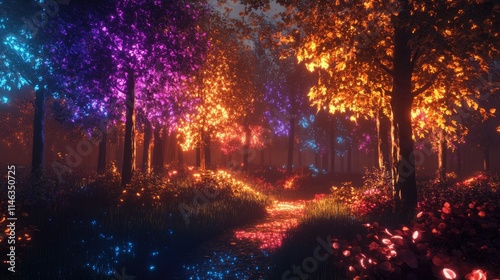 Enchanted Forest at Night with Glowing Trees and Vibrant Colors Illuminating a Peaceful Pathway Through Nature's Magical Landscape