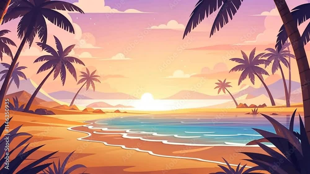 Serene sunset over a tropical beach, palm trees silhouetted against a vibrant sky. Perfect for travel, vacation, or relaxation themes.

