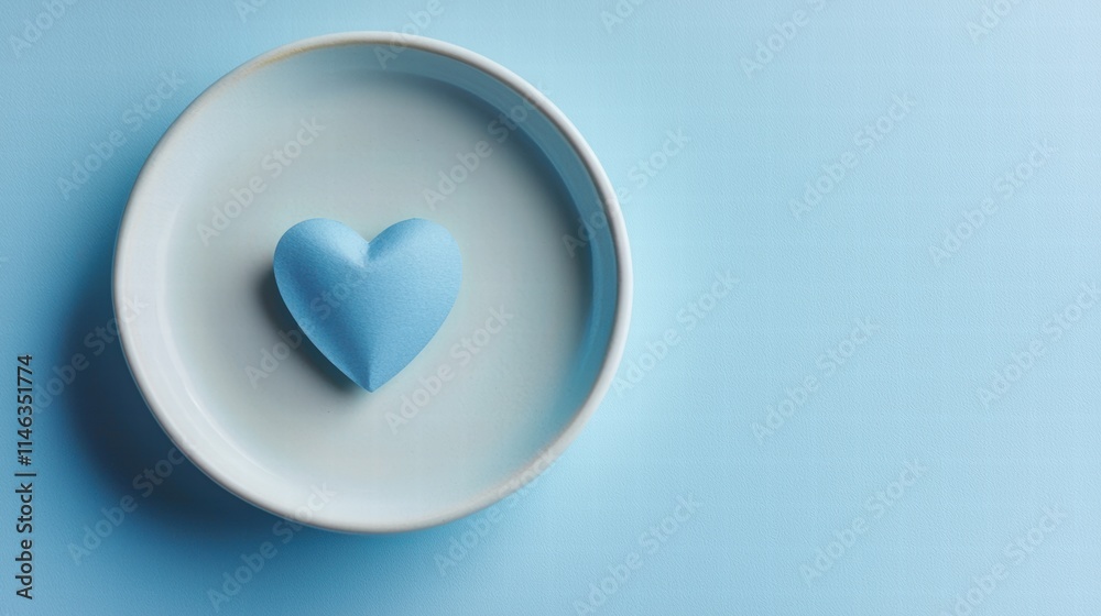 Blue paper heart on white plate against pastel background Blue paper heart on white plate against pastel background