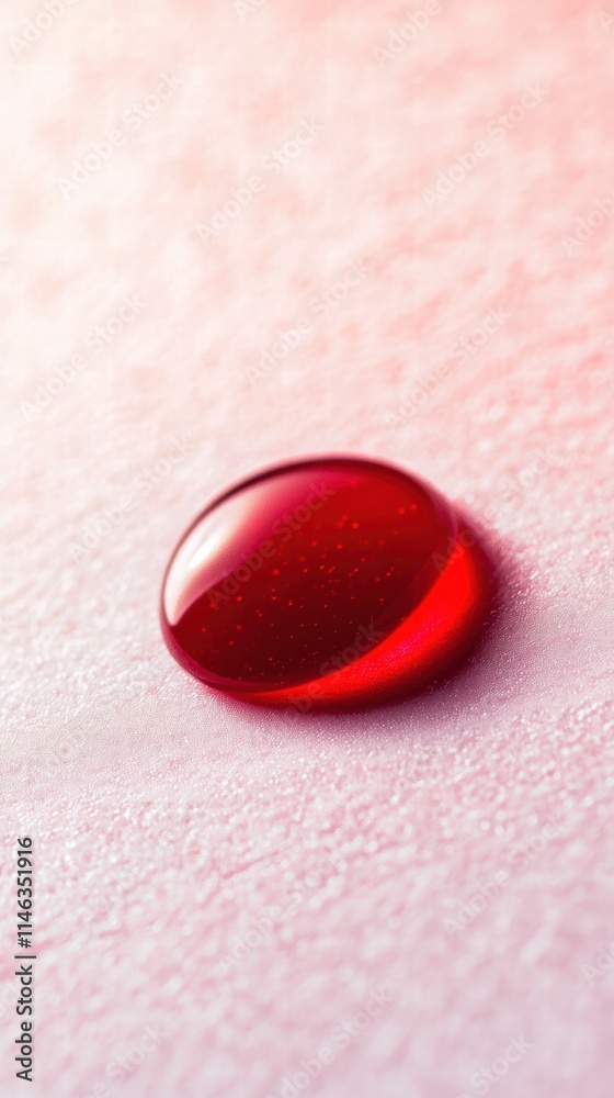 Single blood drop on smooth white surface with soft red illumination Single blood drop on smooth white surface with soft red illumination